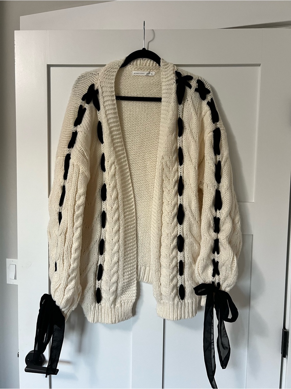 Altar’d State Cream and Black Ribbon Bow Cardigan